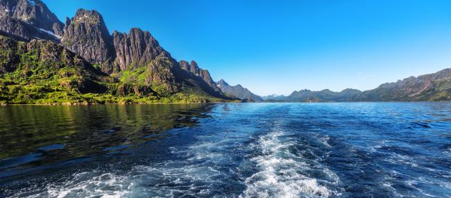 Vågorna bakom ett fartyg som kör på Trollfjorden i Lofoten, Norge.